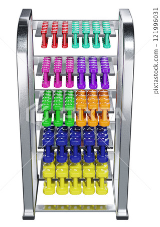 Gym Dumbbell rack with colorful dumbbells, weightlifting gym equipment stand 121996031
