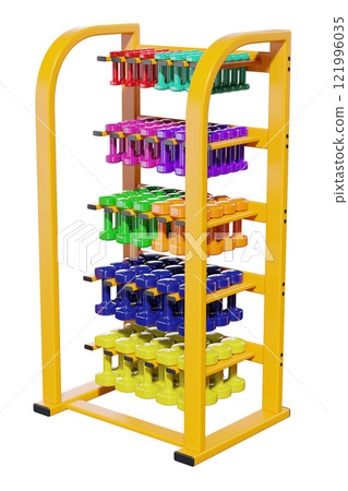 Gym Dumbbell rack with colorful dumbbells, weightlifting gym equipment stand 121996035