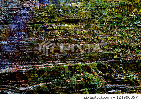 Stone crumbling old layered rock formation nature with greenery 121996357