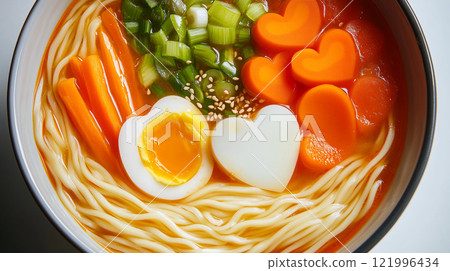 Delicious ramen with heart-shaped carrot pieces, a soft-boiled egg, green onions, and sesame seeds in broth, created especially for Valentine's Day. 121996434