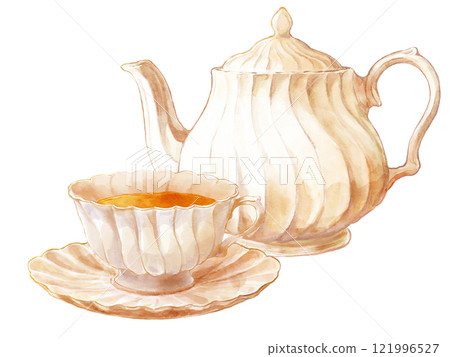 Illustration of an elegant teapot and teacup on white painted in watercolor 121996527