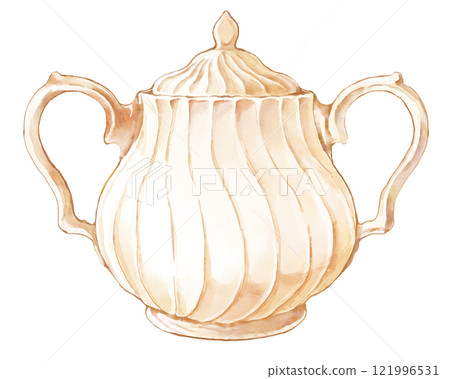 A watercolor illustration of a classical white sugar pot 121996531