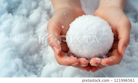 Close-up of hands holding a snowball on snowy winter background. 121996561