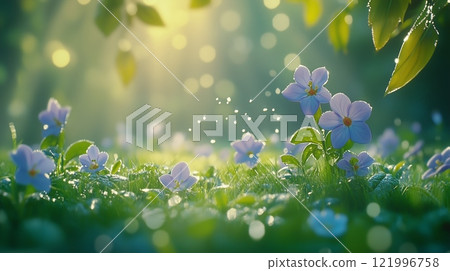 Vibrant wildflowers illuminated by soft sunlight in a tranquil forest during spring 121996758