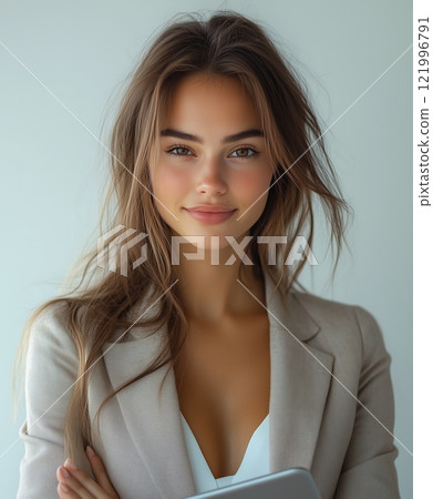 Confident young woman in a light suit with a warm smile indoors 121996791