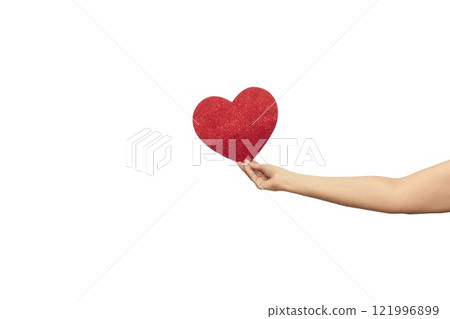 Female hand holds a red shiny heart. Template for designers Female hand holds a red shiny heart. Template for designers 121996899