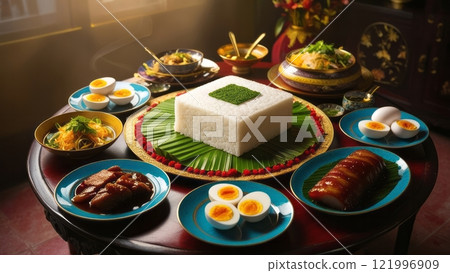 Asian Feast with Steamed Rice, Braised Pork, Eggs, and Culinary Presentation 121996909