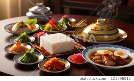 Asian meal with rice, eggs, and noodle soup on bamboo mat 121996912