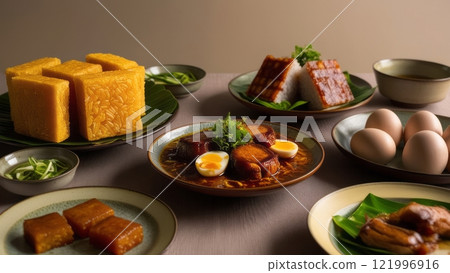 Traditional Asian meal with golden rice and pork belly  121996916