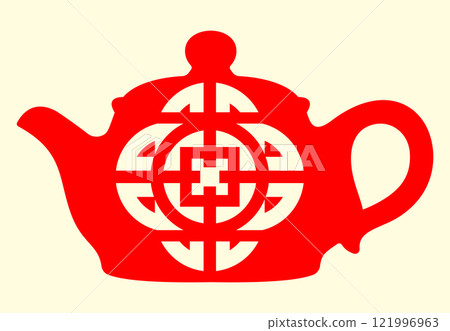 Red teapot with intricate geometric design 121996963