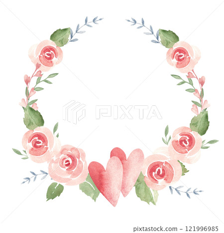 Valentine's day or Wedding floral Wreath from Couple of Hearts, Pink Roses and Branches. Circle Frame, Border. Simple painting isolated on a white background. Love and Romantic illustration for cards 121996985
