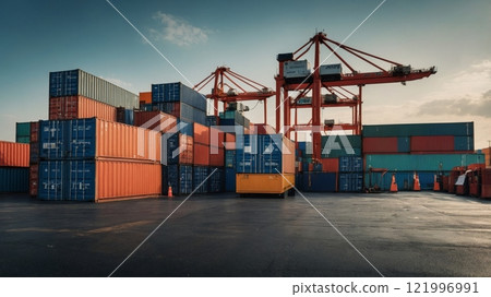 Cargo containers against the backdrop of a port landscape, customs control in the background. 121996991