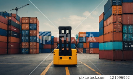 Cargo containers against the backdrop of a port landscape, customs control in the background. Cargo containers against the backdrop of a port landscape, customs control in the background. 121996992
