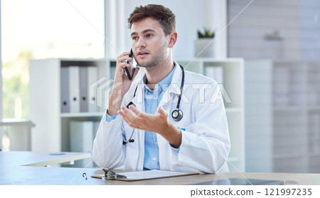 Phone call, healthcare and doctor talking in hospital, chatting or speaking. Telehealth, cellphone and medical physician in consultation with contact, asking questions or helping on mobile smartphone Phone call, healthcare and doctor talking in hospital, chatting or speaking. Telehealth, cellphone and medical physician in consultation with contact, asking questions or helping on mobile smartphone 121997235