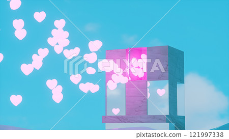 Abstract winter landscape with building and heart balloons. Valentine's day concept. 3d rendering 121997338