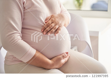 Pregnant caucasian young female sitting on sofa in comfortable home environment 121997395