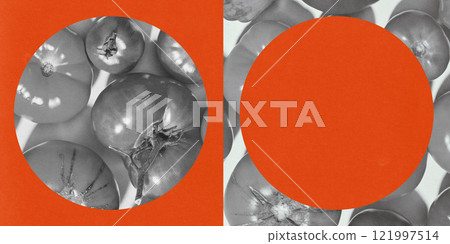 Poster. Contemporary art collage. Tomatoes in monochrome circles with bright orange accents, focusing on contrast and boldness in organic food presentation. Poster. Contemporary art collage. Tomatoes in monochrome circles with bright orange accents, focusing on contrast and boldness in organic food presentation. 121997514