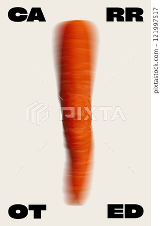 Conceptual graphic design. Carrot elongated with motion blur, black text reading CA-RR-OT, symbolizing dynamic growth and energy in gardening. Conceptual graphic design. Carrot elongated with motion blur, black text reading CA-RR-OT, symbolizing dynamic growth and energy in gardening. 121997517