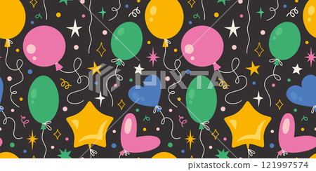 Seamless pattern with Various shapes Inflatable helium balloons and stars. Bright Festive party decor. Trendy modern vector illustration on black background, hand drawn, flat design Seamless pattern with Various shapes Inflatable helium balloons and stars. Bright Festive party decor. Trendy modern vector illustration on black background, hand drawn, flat design 121997574