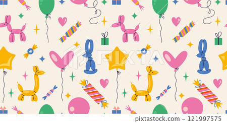 Seamless pattern with Inflatable animal figurines, helium balloons, gifts, candies and stars. Festive party decor. Trendy modern vector illustration on light background, hand drawn, flat design 121997575