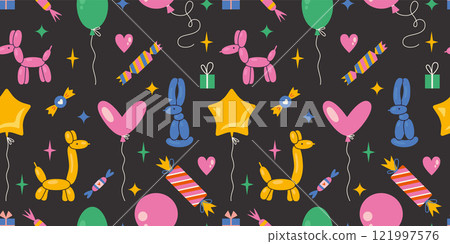 Seamless pattern with Inflatable animal figurines, helium balloons, gifts, candies and stars. Festive party decor. Trendy modern vector illustration on black background, hand drawn, flat design 121997576