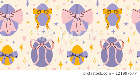 Seamless pattern with Easter eggs, bows and stars. Traditional holiday decor. Trendy modern vector illustration on light background, hand drawn, flat design 121997577