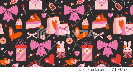 Happy Valentines Day Seamless pattern with Romantic objects like hearts, balloons, gifts, bow and sweets. Holiday decor. Trendy modern vector illustration on black background, hand drawn, flat design Happy Valentines Day Seamless pattern with Romantic objects like hearts, balloons, gifts, bow and sweets. Holiday decor. Trendy modern vector illustration on black background, hand drawn, flat design 121997581