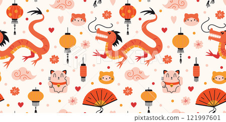 Seamless pattern with traditional oriental symbols of Asian culture such as red dragon, Chinese lanterns, fan and Neko cat. Trendy modern vector illustration on light background, hand drawn, flat 121997601