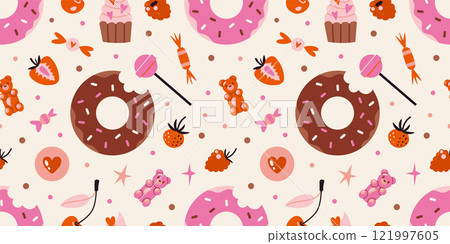 Cute Seamless pattern with glazed donuts, cupcakes, candies and berries. Sweets and desserts concept. Trendy modern vector illustration on light background, hand drawn, flat design 121997605