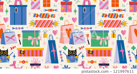 Seamless pattern with Festive gifts package, boxes and bags with decorations like ribbons and bows, wrapping paper. Trendy modern vector illustration on light background, hand drawn, flat design 121997611