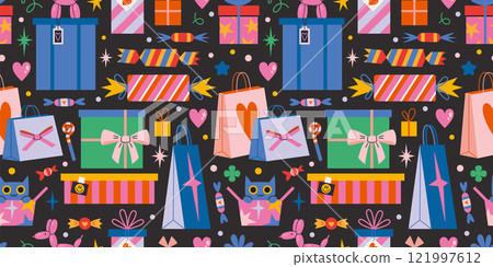 Seamless pattern with Festive gifts package, boxes and bags with decorations like ribbons and bows, wrapping paper. Trendy modern vector illustration on black background, hand drawn, flat design 121997612