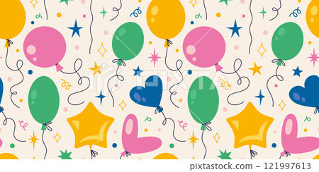 Seamless pattern with Various shapes Inflatable helium balloons and stars. Bright Festive party decor. Trendy modern vector illustration on light background, hand drawn, flat design 121997613