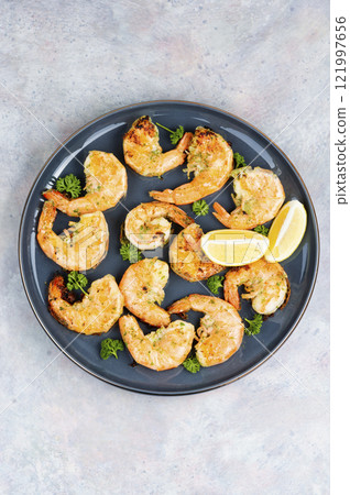 Fried King Prawns Served in Plate 121997656