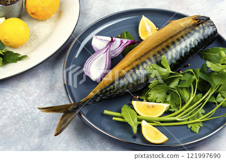 Cooked Smoked Mackerel. 121997690