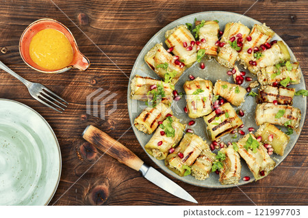 Baked eggplant roll. Baked eggplant roll. 121997703