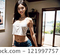Sporty young woman in shorts standing indoors 121997757