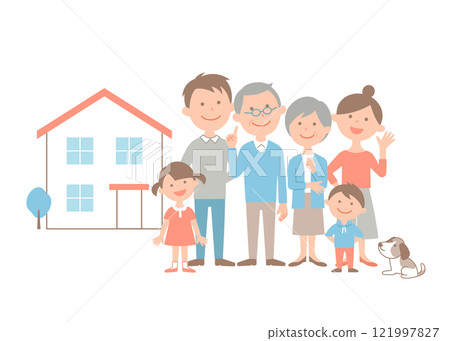 一家三口六口帶著他們的寵物聚集在我家門前。 121997827