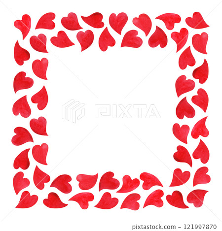 Square frame with red hand drawn hearts of different silhouettes. Watercolor background template for cards, plates or shopping bags. Decorative romantic border with empty place for text in center Square frame with red hand drawn hearts of different silhouettes. Watercolor background template for cards, plates or shopping bags. Decorative romantic border with empty place for text in center 121997870