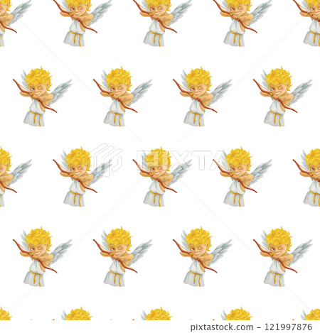 Cartoon seamless pattern with mischievous laughing boy Cupid directs an arrow from a bow at the viewer. Creative romantic watercolor illustration for fabrics, packaging, textiles, wallpaper, clothing. 121997876