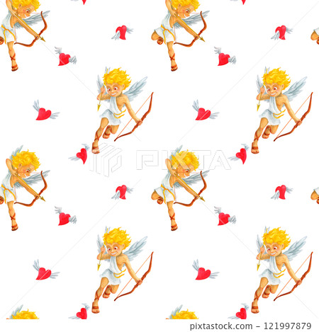 Seamless pattern with cartoon Cherub Cupid hunting red flying hearts. Creative romantic watercolor ornamental with symbols of love and marriage for Valentine's Day wrapping paper, textile, wallpaper 121997879