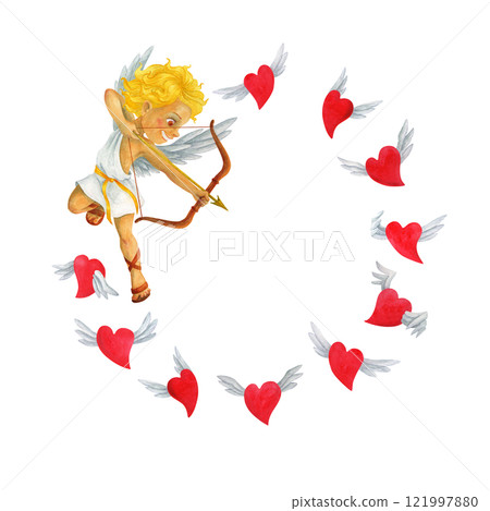 Cherub cupid angel of love shooting an arrow from the bow straight to the flying heart. A simple circle frame. Watercolor romantic background with place for text for Valentine's day designs and prints 121997880