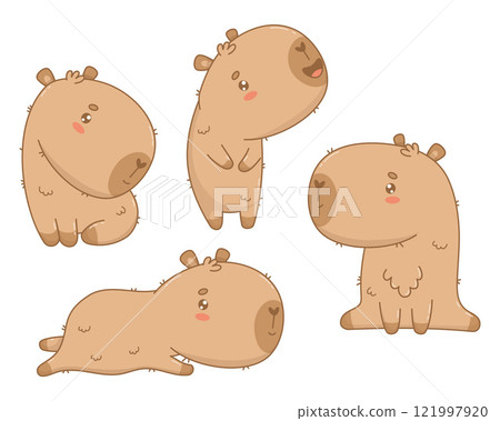 Cute Capybara set. Isolated funny calm character cartoon kawaii character. Vector illustration. Kids collection. Cute Capybara set. Isolated funny calm character cartoon kawaii character. Vector illustration. Kids collection. 121997920