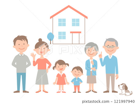 A family of six from three generations and their pets gathered in front of their home. 121997940