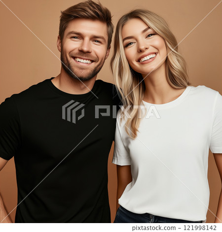 A man and a woman are happily standing next to each other, smiling. Black and white cotton couple t-shirts mockup A man and a woman are happily standing next to each other, smiling. Black and white cotton couple t-shirts mockup 121998142