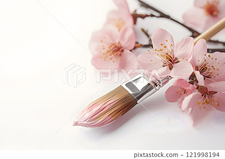 Delicate composition of pink flowers and paintbrushes, spring cherry blossom image 121998194
