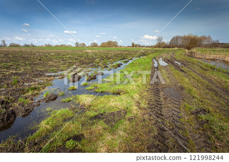 Water on a rural field and road in eastern Poland Water on a rural field and road in eastern Poland 121998244