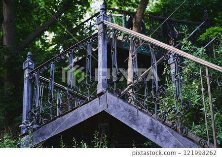Metallic old staircase overgrown with impenetrable green bushes 121998262