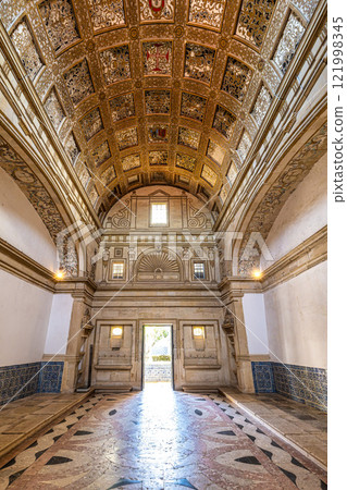 Ornate interior of the Convent of Christ in the Castle of Tomar in Portugal. Built by the Knights Templar 121998345