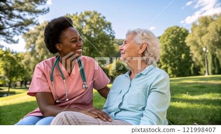 Healthcare professional smiles with elderly woman in sunny park during afternoon visit Healthcare professional smiles with elderly woman in sunny park during afternoon visit 121998407