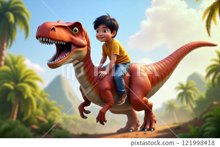 Chinese Child rides dinosaur in vibrant jungle landscape during bright day 121998418